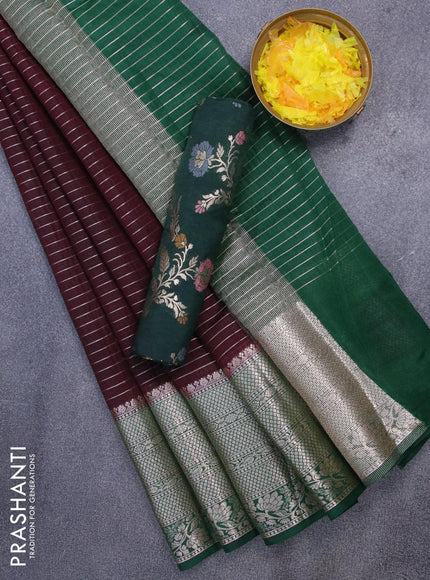 Semi dupion saree coffee brown and dark green with allover zari stripes pattern and long zari woven border & meenakari blouse