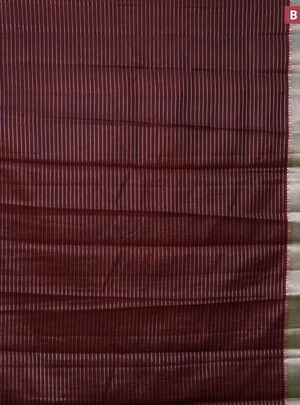 Semi dupion saree coffee brown and dark green with allover zari stripes pattern and long zari woven border & meenakari blouse