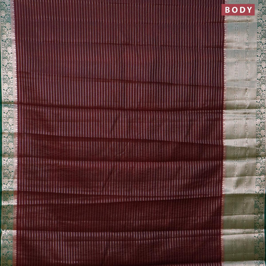 Semi dupion saree coffee brown and dark green with allover zari stripes pattern and long zari woven border & meenakari blouse