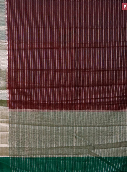 Semi dupion saree coffee brown and dark green with allover zari stripes pattern and long zari woven border & meenakari blouse