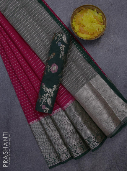 Semi dupion saree dark pink and bottle green with allover zari stripes pattern and long zari woven border & meenakari blouse