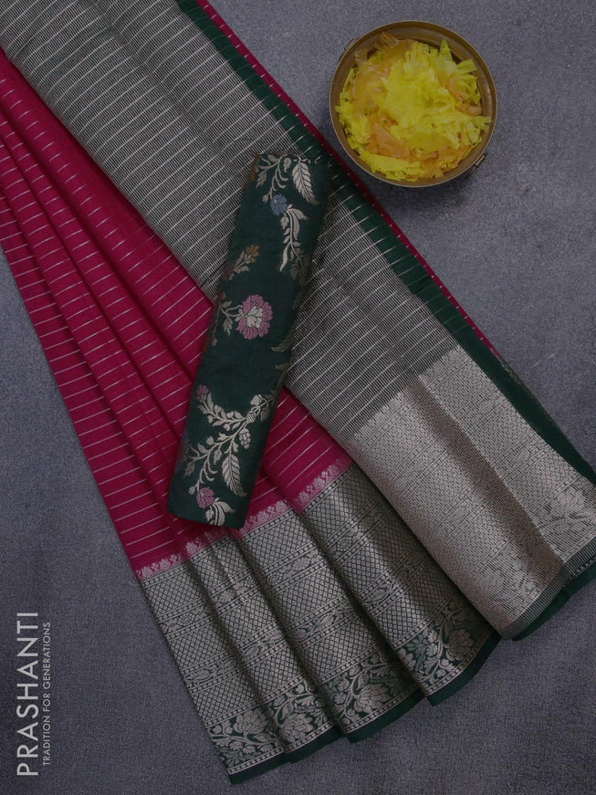 Semi dupion saree dark pink and bottle green with allover zari stripes pattern and long zari woven border & meenakari blouse