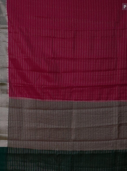 Semi dupion saree dark pink and bottle green with allover zari stripes pattern and long zari woven border & meenakari blouse