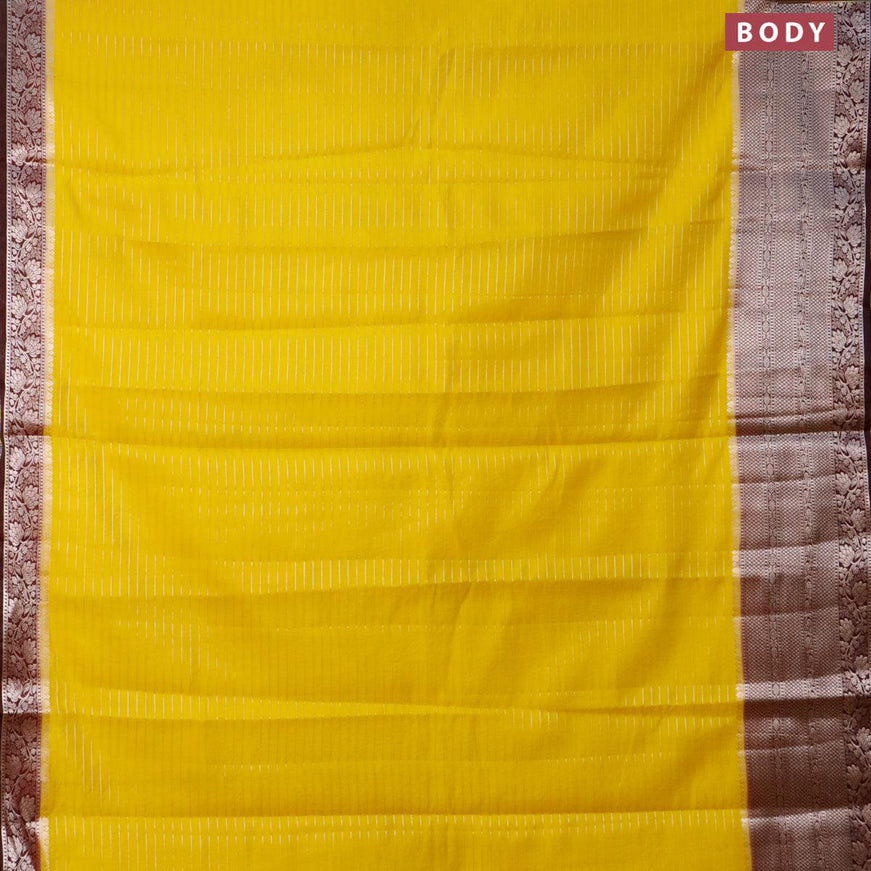 Semi dupion saree yellow and deep maroon with allover zari stripes pattern and long zari woven border & meenakari blouse