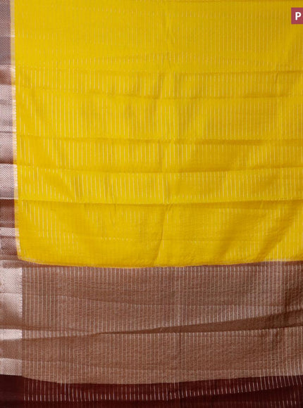 Semi dupion saree yellow and deep maroon with allover zari stripes pattern and long zari woven border & meenakari blouse