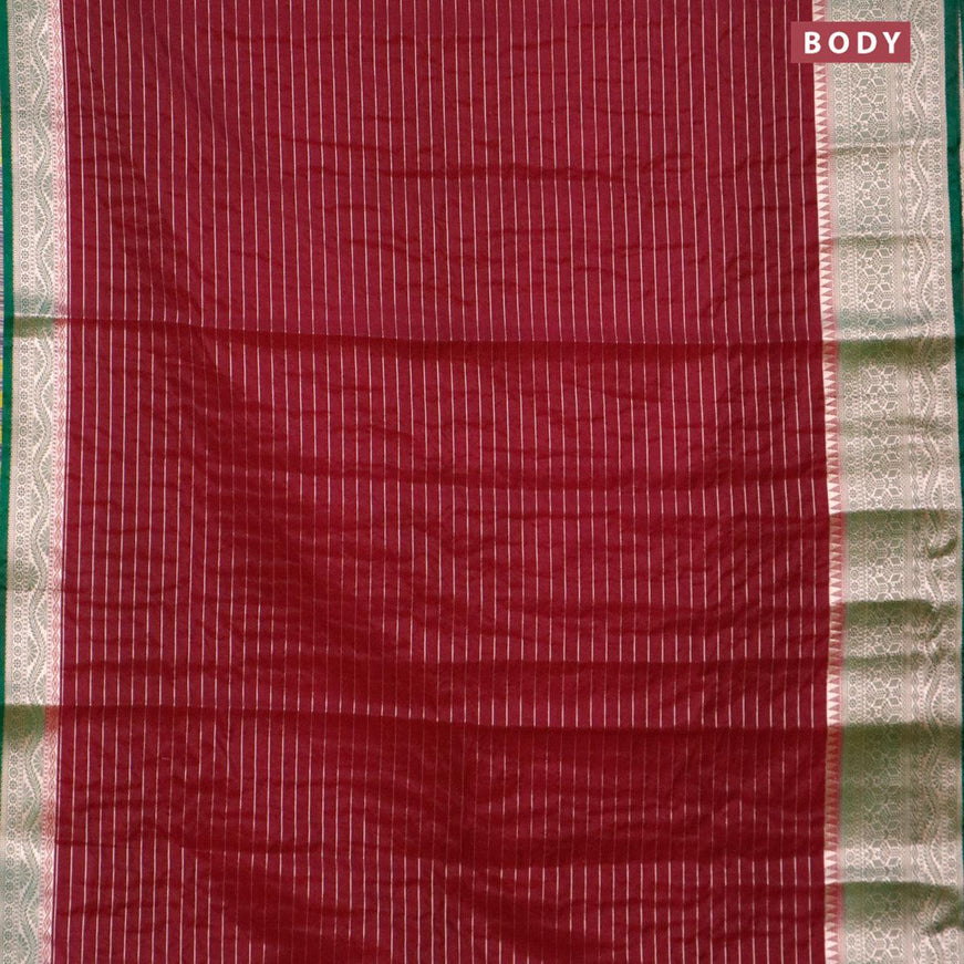 Semi dupion saree wine shade and dark green with allover zari stripes pattern and long zari woven border & meenakari blouse