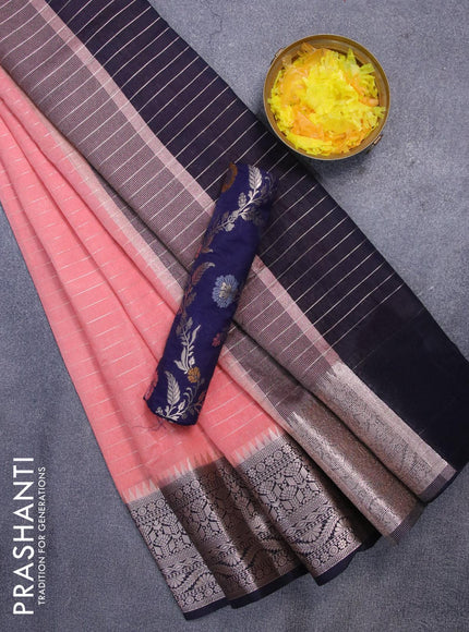 Semi dupion saree peach shade and dark navy blue with allover zari stripes pattern and long zari woven border & meenakari blouse