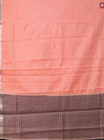 Semi dupion saree peach shade and dark navy blue with allover zari stripes pattern and long zari woven border & meenakari blouse