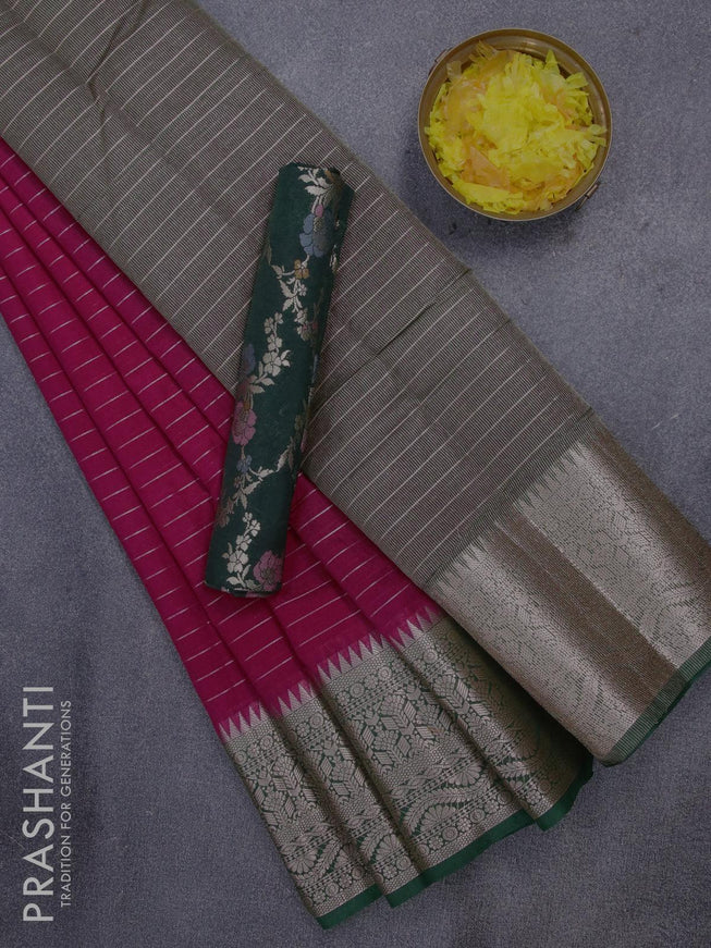 Semi dupion saree dark pink and dark green with allover zari stripes pattern and long zari woven border & meenakari blouse