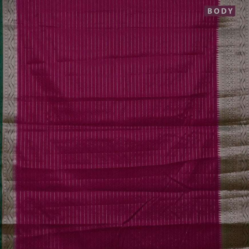 Semi dupion saree dark pink and dark green with allover zari stripes pattern and long zari woven border & meenakari blouse