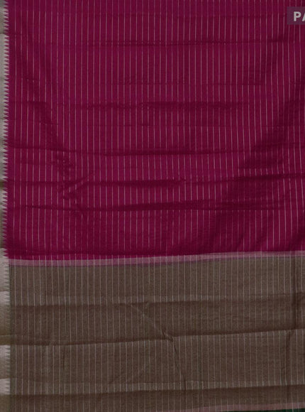 Semi dupion saree dark pink and dark green with allover zari stripes pattern and long zari woven border & meenakari blouse