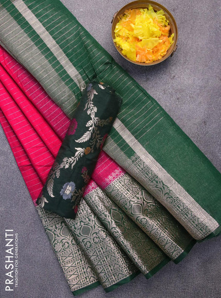 Semi dupion saree tomato red and dark green with allover zari stripes pattern and long zari woven border & meenakari blouse