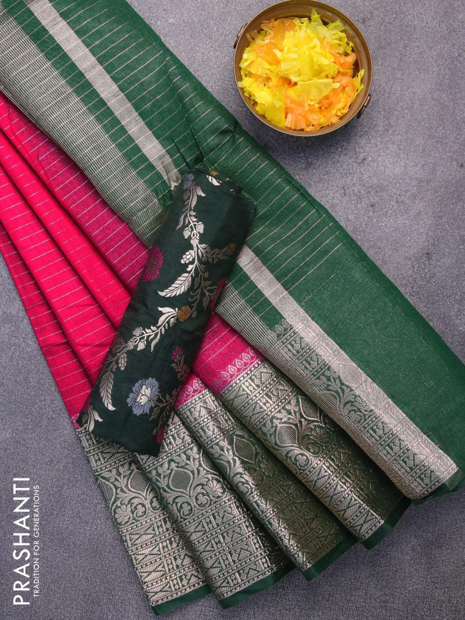 Semi dupion saree tomato red and dark green with allover zari stripes pattern and long zari woven border & meenakari blouse