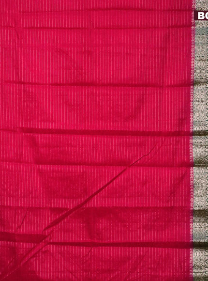 Semi dupion saree tomato red and dark green with allover zari stripes pattern and long zari woven border & meenakari blouse