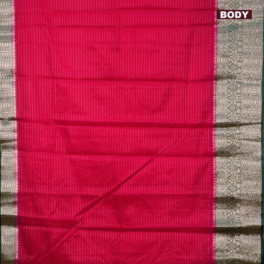 Semi dupion saree tomato red and dark green with allover zari stripes pattern and long zari woven border & meenakari blouse