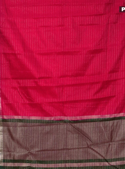 Semi dupion saree tomato red and dark green with allover zari stripes pattern and long zari woven border & meenakari blouse