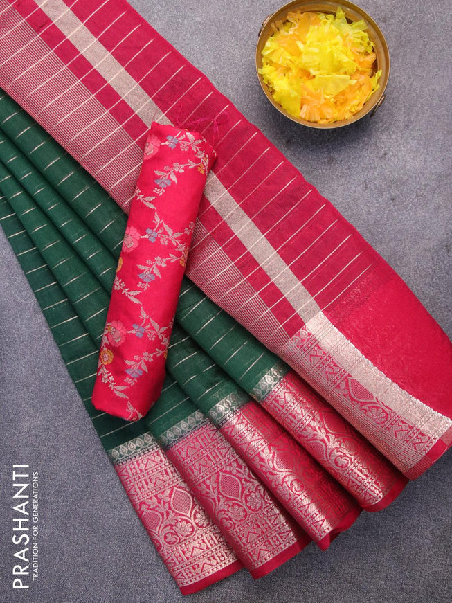 Semi dupion saree dark green and pink with allover zari stripes pattern and long zari woven border & meenakari blouse