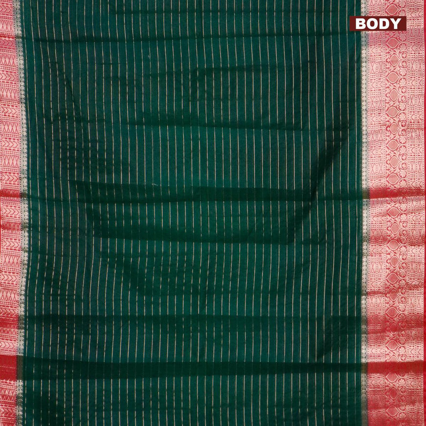 Semi dupion saree dark green and pink with allover zari stripes pattern and long zari woven border & meenakari blouse