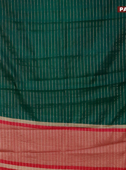 Semi dupion saree dark green and pink with allover zari stripes pattern and long zari woven border & meenakari blouse