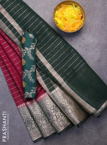 Semi dupion saree maroon and dark green with allover zari stripes pattern and long zari woven border & meenakari blouse