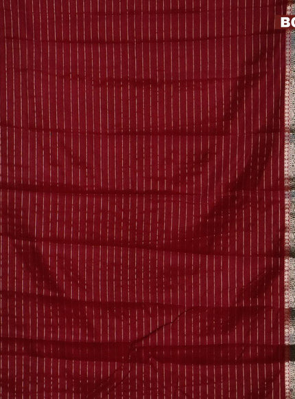 Semi dupion saree maroon and dark green with allover zari stripes pattern and long zari woven border & meenakari blouse