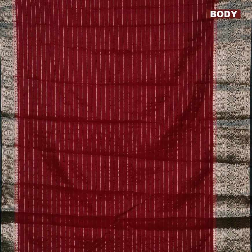 Semi dupion saree maroon and dark green with allover zari stripes pattern and long zari woven border & meenakari blouse