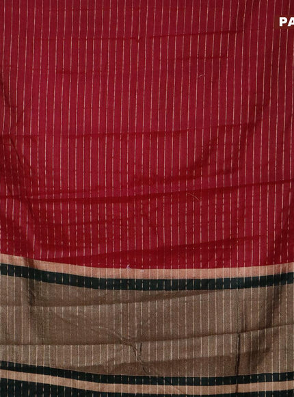 Semi dupion saree maroon and dark green with allover zari stripes pattern and long zari woven border & meenakari blouse