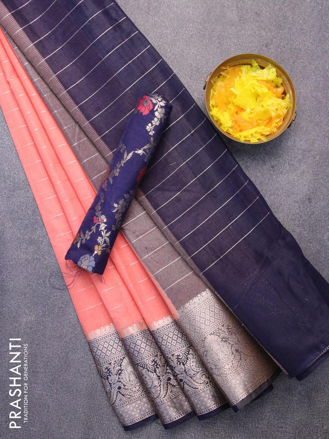 Semi dupion saree peach orange and navy blue with allover zari stripes pattern and zari woven border & meenakari blouse