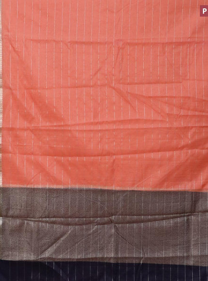 Semi dupion saree peach orange and navy blue with allover zari stripes pattern and zari woven border & meenakari blouse