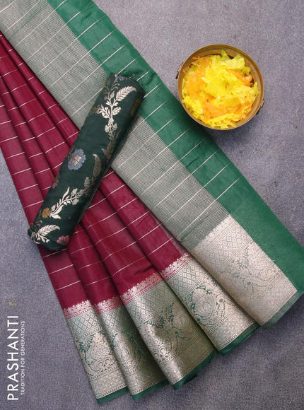 Semi dupion saree wine shade and dark green with allover zari stripes pattern and zari woven border & meenakari blouse