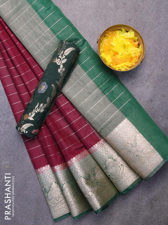 Semi dupion saree wine shade and dark green with allover zari stripes pattern and zari woven border & meenakari blouse