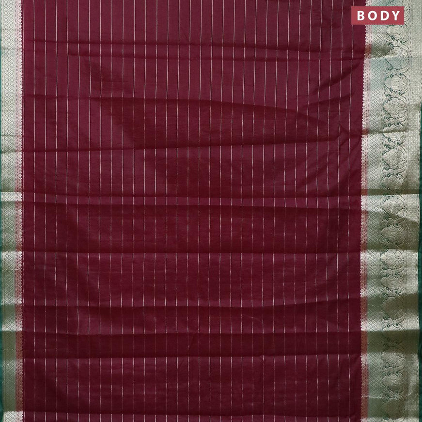 Semi dupion saree wine shade and dark green with allover zari stripes pattern and zari woven border & meenakari blouse