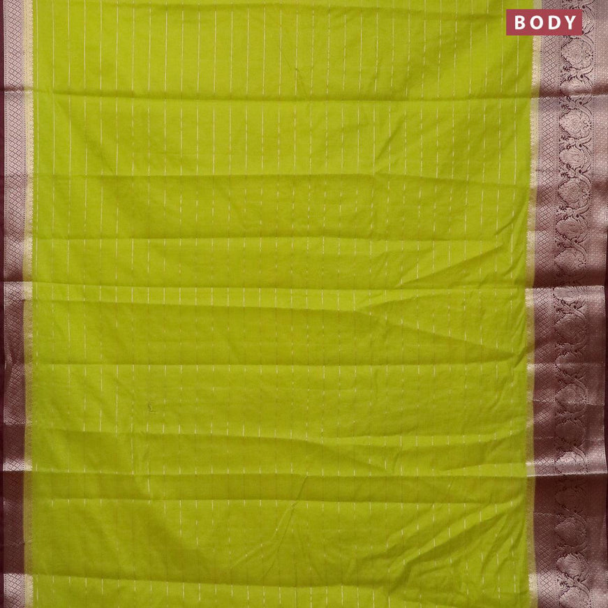 Semi dupion saree lime green and wine shade with allover zari stripes pattern and zari woven border & meenakari blouse