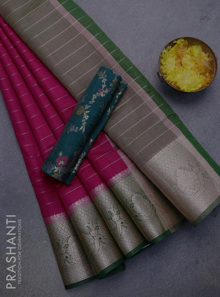 Semi dupion saree pink and green with allover zari stripes pattern and long zari woven border & meenakari blouse