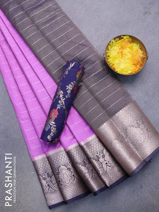 Semi dupion saree lavender shade and navy blue with allover zari stripes pattern and long zari woven border & meenakari blouse