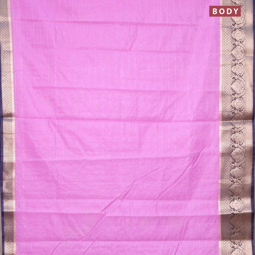 Semi dupion saree lavender shade and navy blue with allover zari stripes pattern and long zari woven border & meenakari blouse