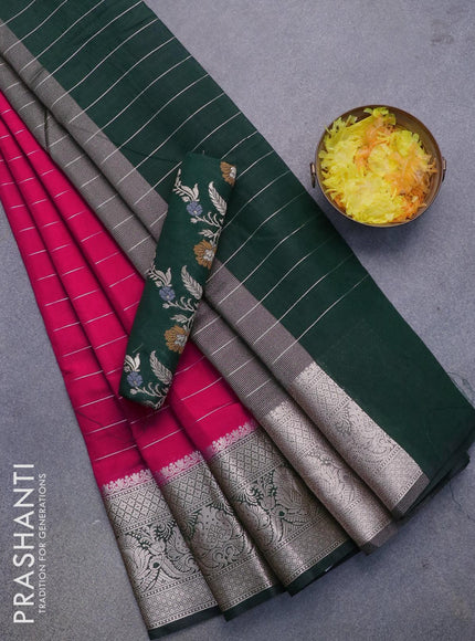 Semi dupion saree pink and dark green with allover zari stripes pattern and long zari woven border & meenakari blouse