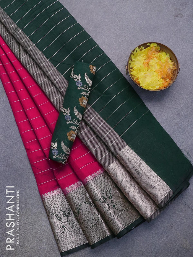 Semi dupion saree pink and dark green with allover zari stripes pattern and long zari woven border & meenakari blouse