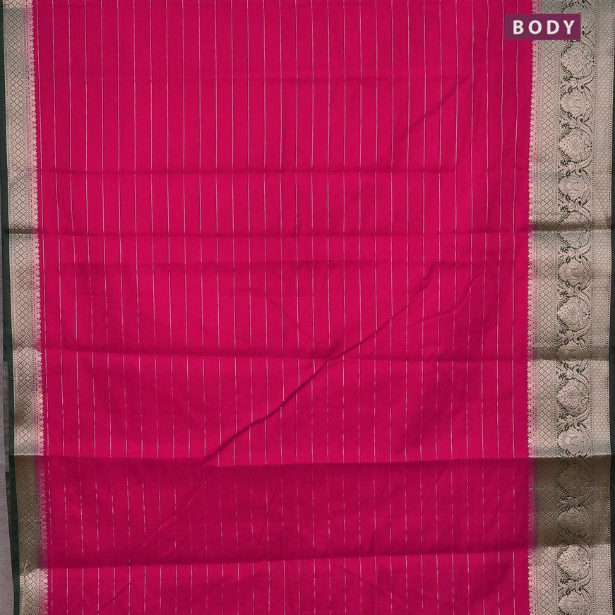 Semi dupion saree pink and dark green with allover zari stripes pattern and long zari woven border & meenakari blouse