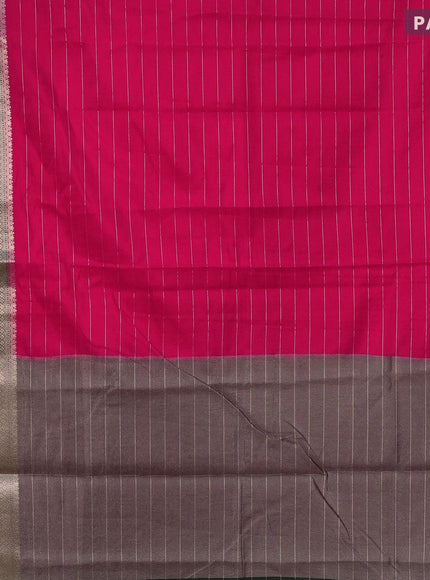 Semi dupion saree pink and dark green with allover zari stripes pattern and long zari woven border & meenakari blouse