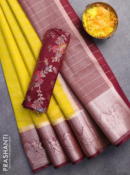 Semi dupion saree yellow and deep maroon with allover zari stripes pattern and long zari woven border & meenakari blouse