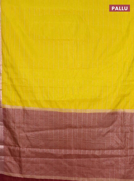 Semi dupion saree yellow and deep maroon with allover zari stripes pattern and long zari woven border & meenakari blouse