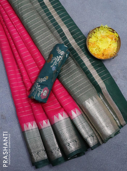 Semi dupion saree pink and dark green with allover zari stripes pattern and temple zari woven border & meenakari blouse