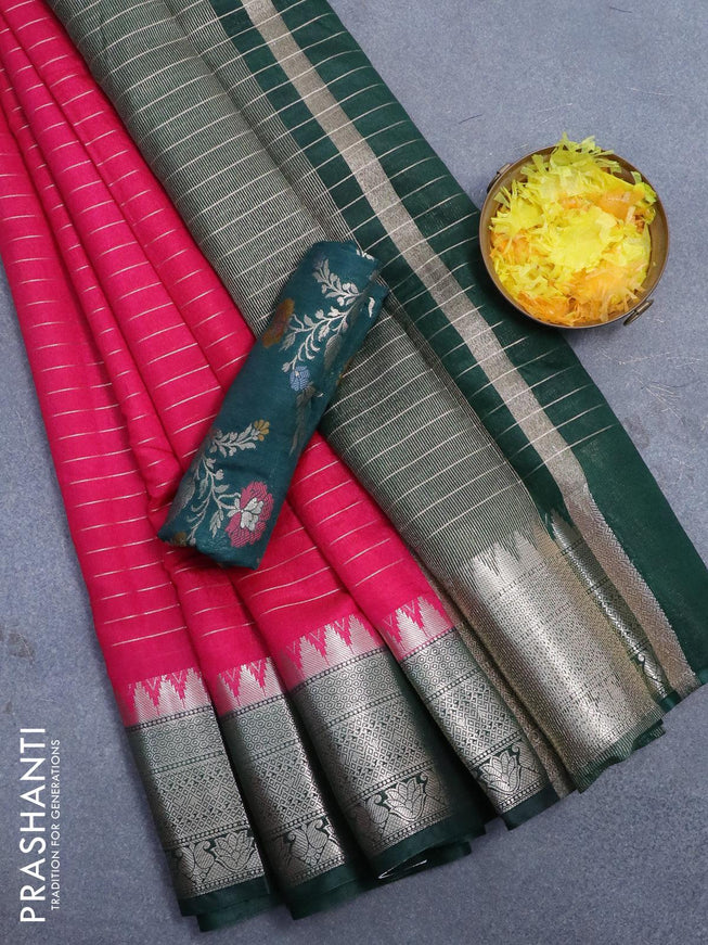 Semi dupion saree pink and dark green with allover zari stripes pattern and temple zari woven border & meenakari blouse