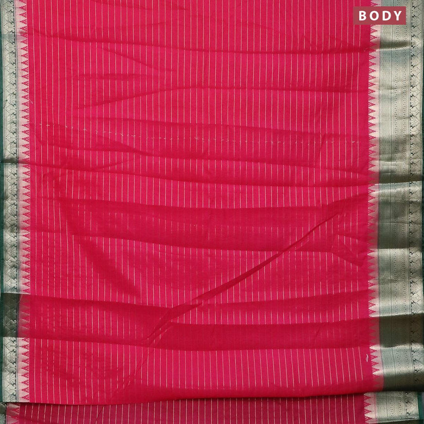 Semi dupion saree pink and dark green with allover zari stripes pattern and temple zari woven border & meenakari blouse