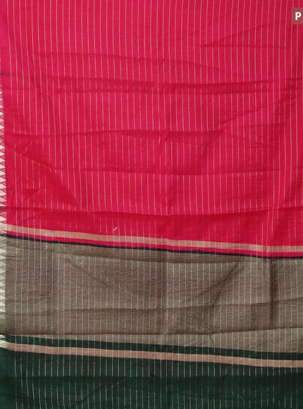 Semi dupion saree pink and dark green with allover zari stripes pattern and temple zari woven border & meenakari blouse