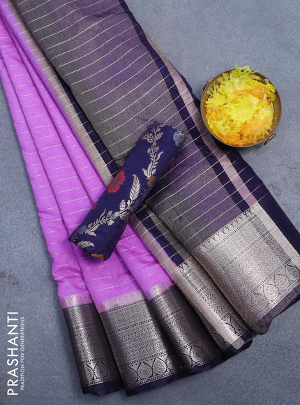 Semi dupion saree lavender and navy blue with allover zari stripes pattern and zari woven border & meenakari blouse