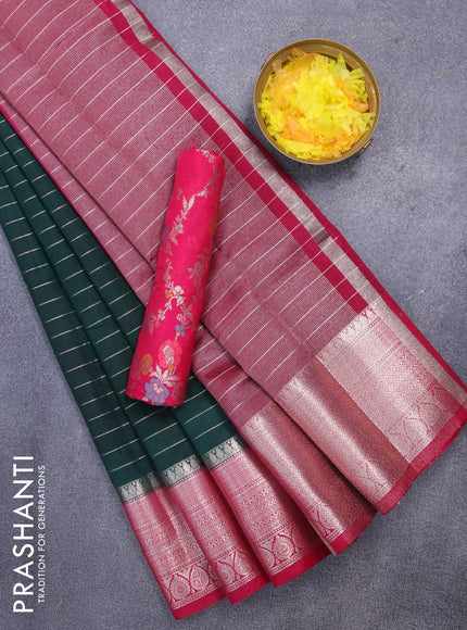 Semi dupion saree bottle green and pink with allover zari stripes pattern and zari woven border & meenakari blouse