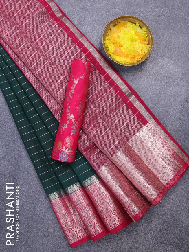 Semi dupion saree bottle green and pink with allover zari stripes pattern and zari woven border & meenakari blouse