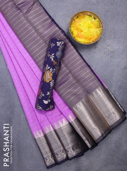 Semi dupion saree lavender and navy blue with allover zari stripes pattern and temple zari woven border & meenakari blouse